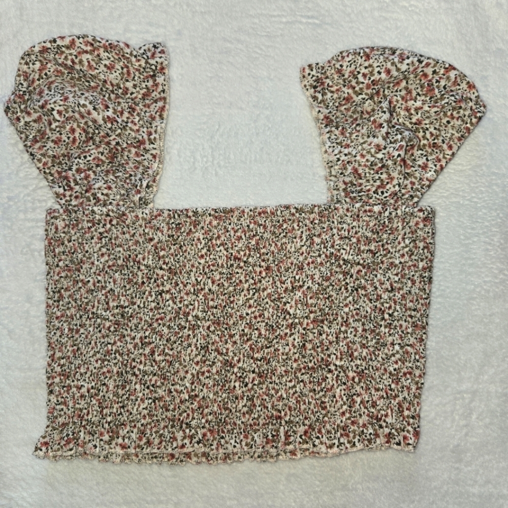 OVianca M Pink/Brwn Smocked Y2K Crop Top Puffy Sleeve 🌸Peasant Prairie❤️ Flirty - Picture 4 of 10